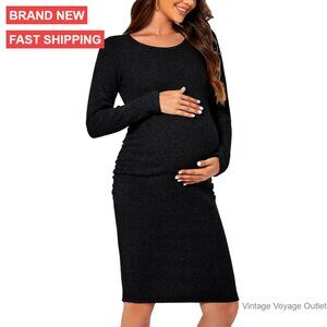 Maternity Bodycon Dress Long Sleeve Knit Ribbed Stretchy Pregnancy